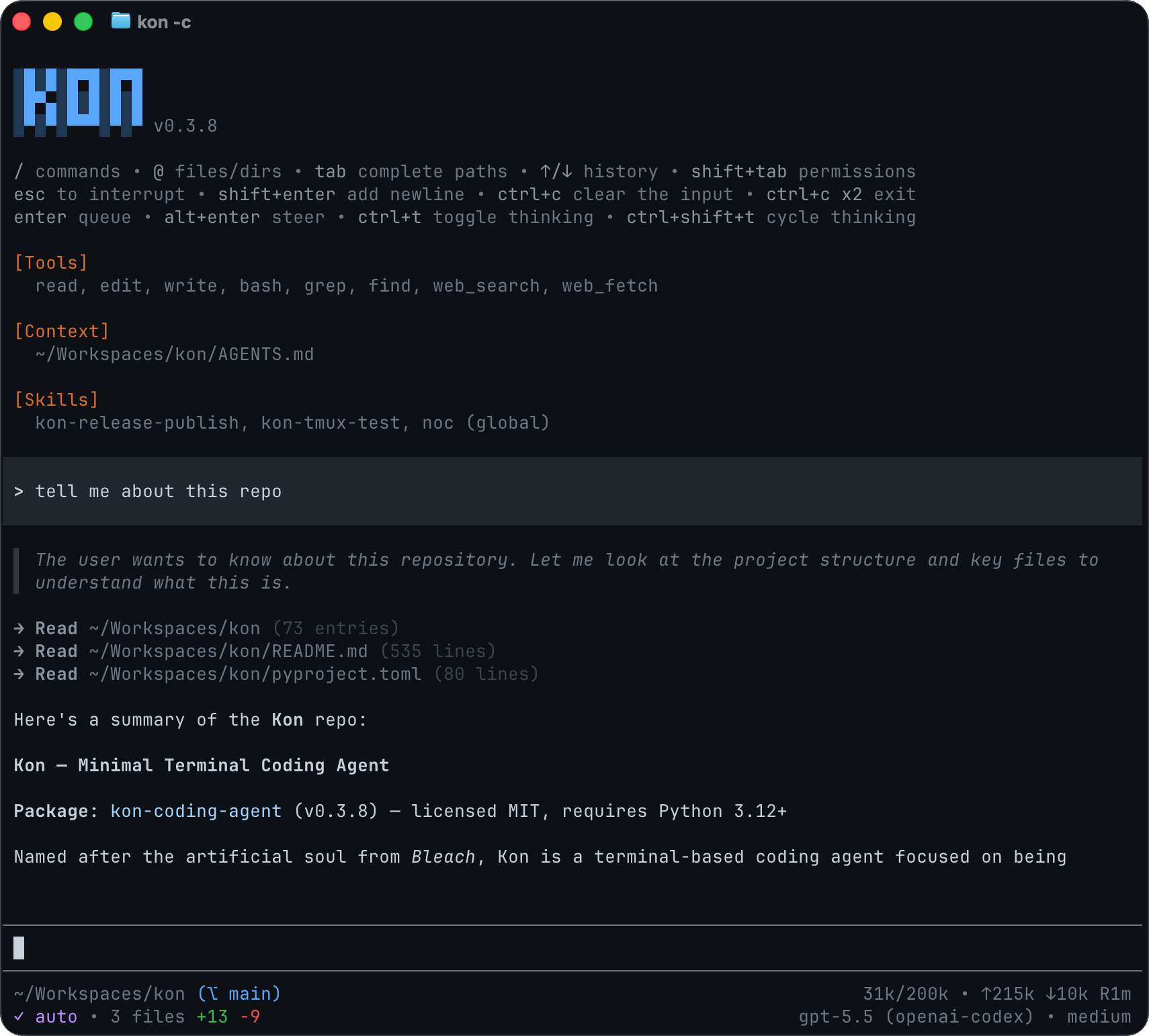 Kon terminal UI screenshot