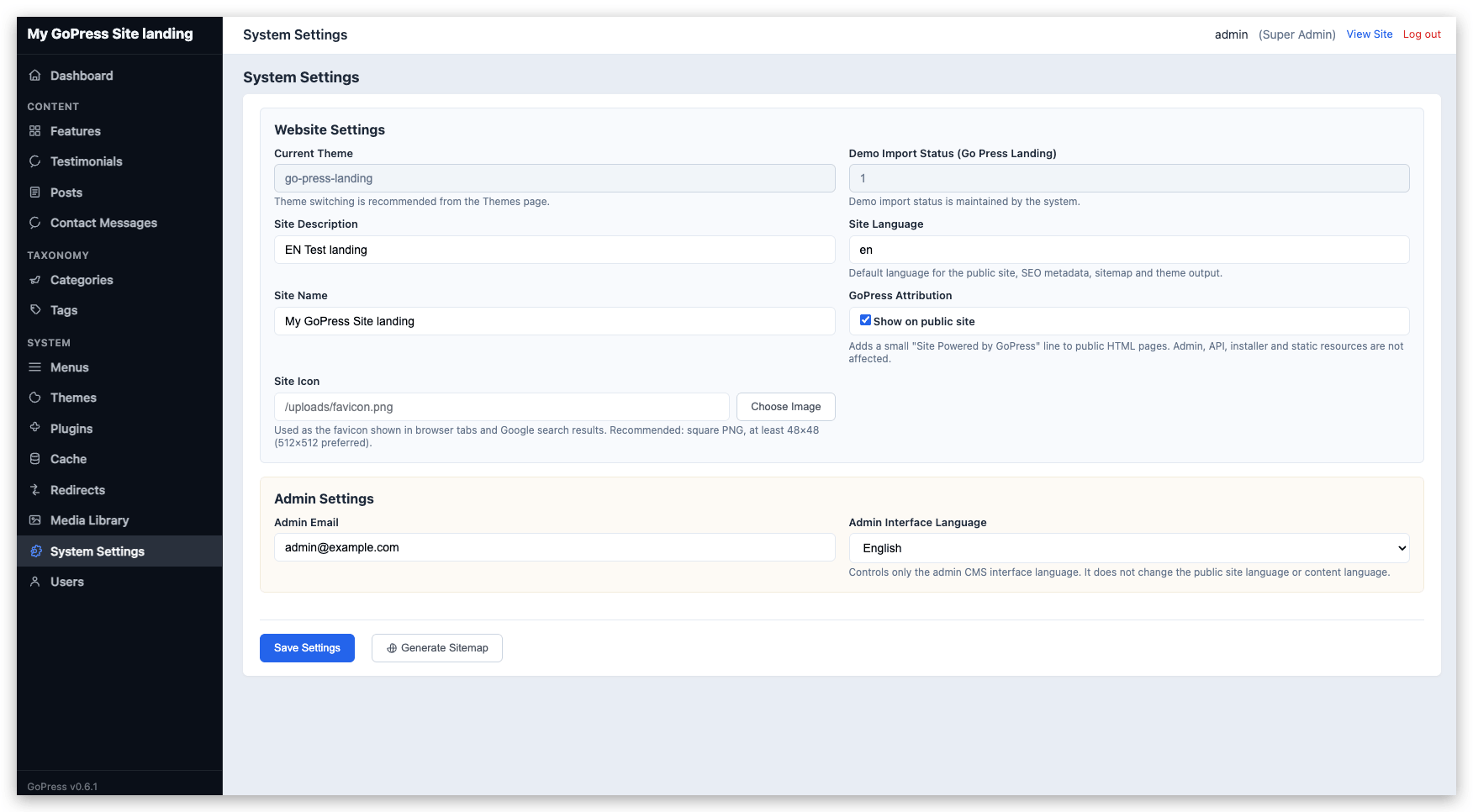 GoPress admin content workspace preview