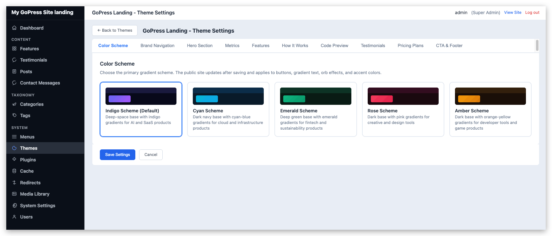 GoPress admin theme settings preview
