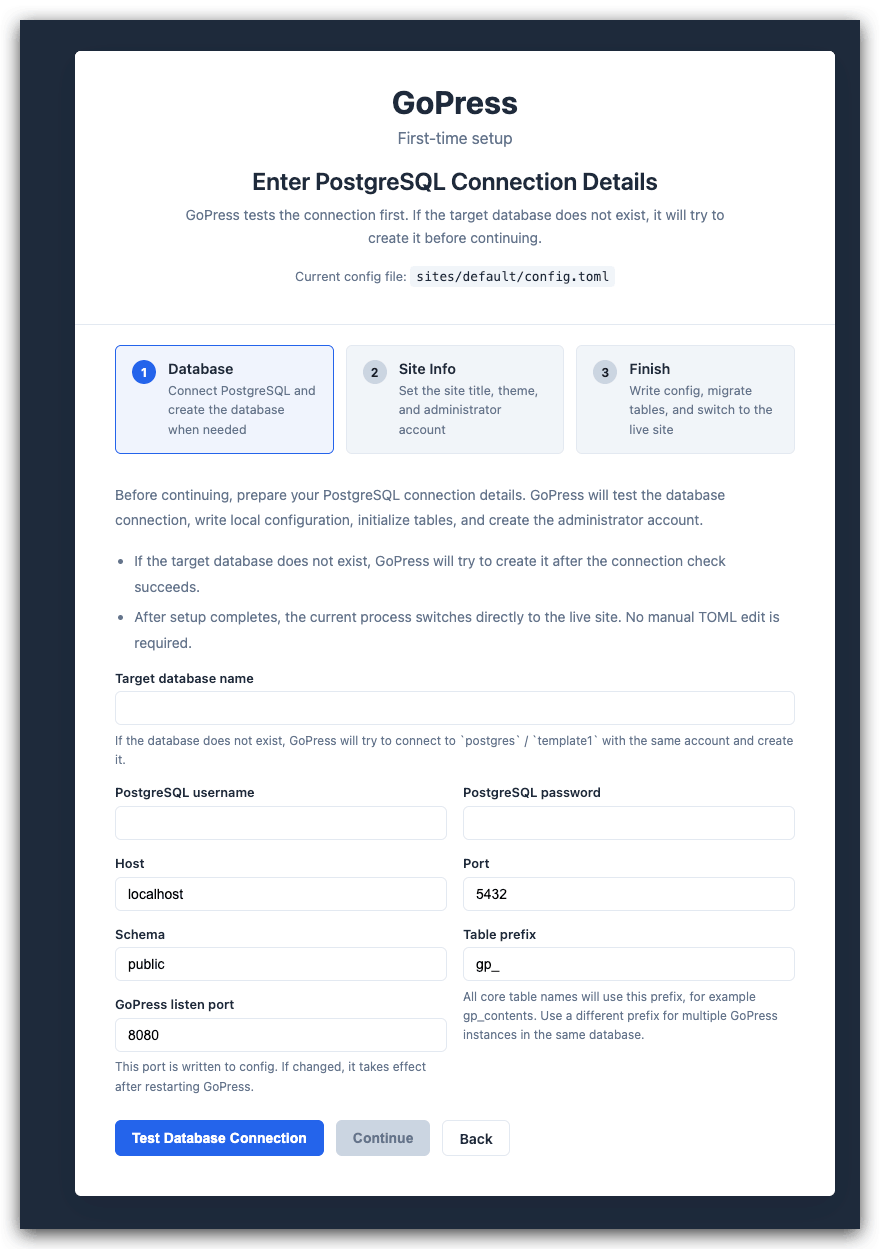 GoPress installer site bootstrap preview