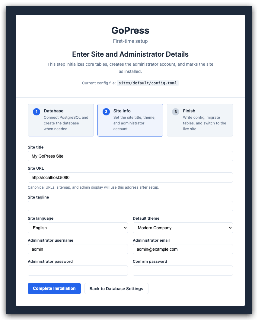 GoPress installer completion preview