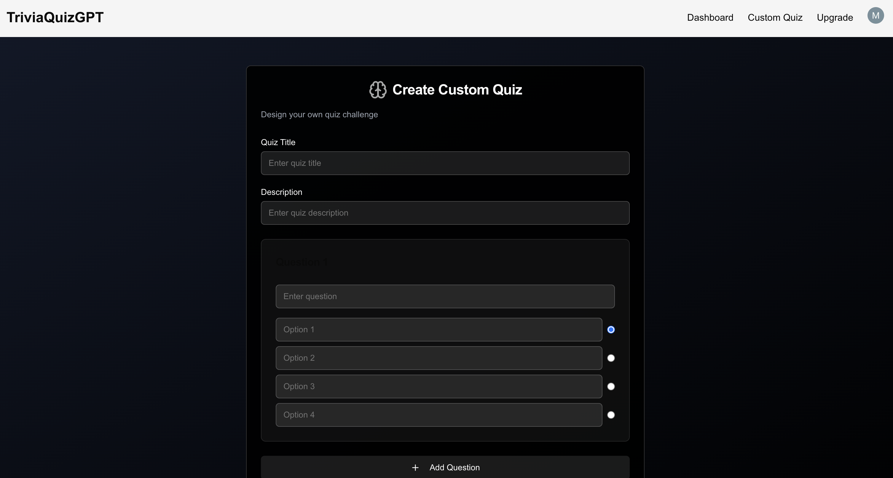 TriviaQuizGPT Custom Quiz Generation screenshot