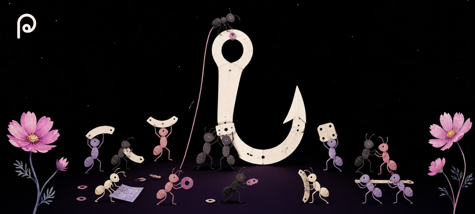 Paper-cut ants assembling a hook in Programmable's floral night garden