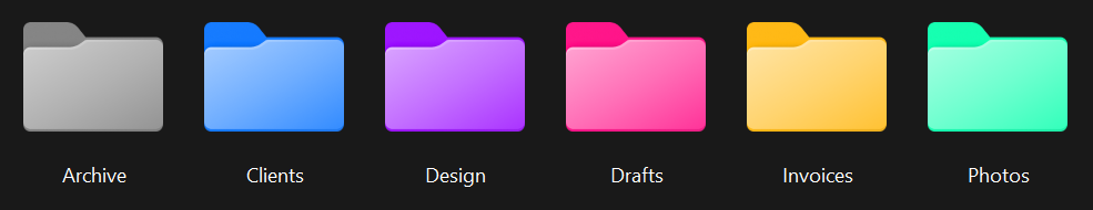 Six Windows folders in grey, blue, violet, pink, amber and green