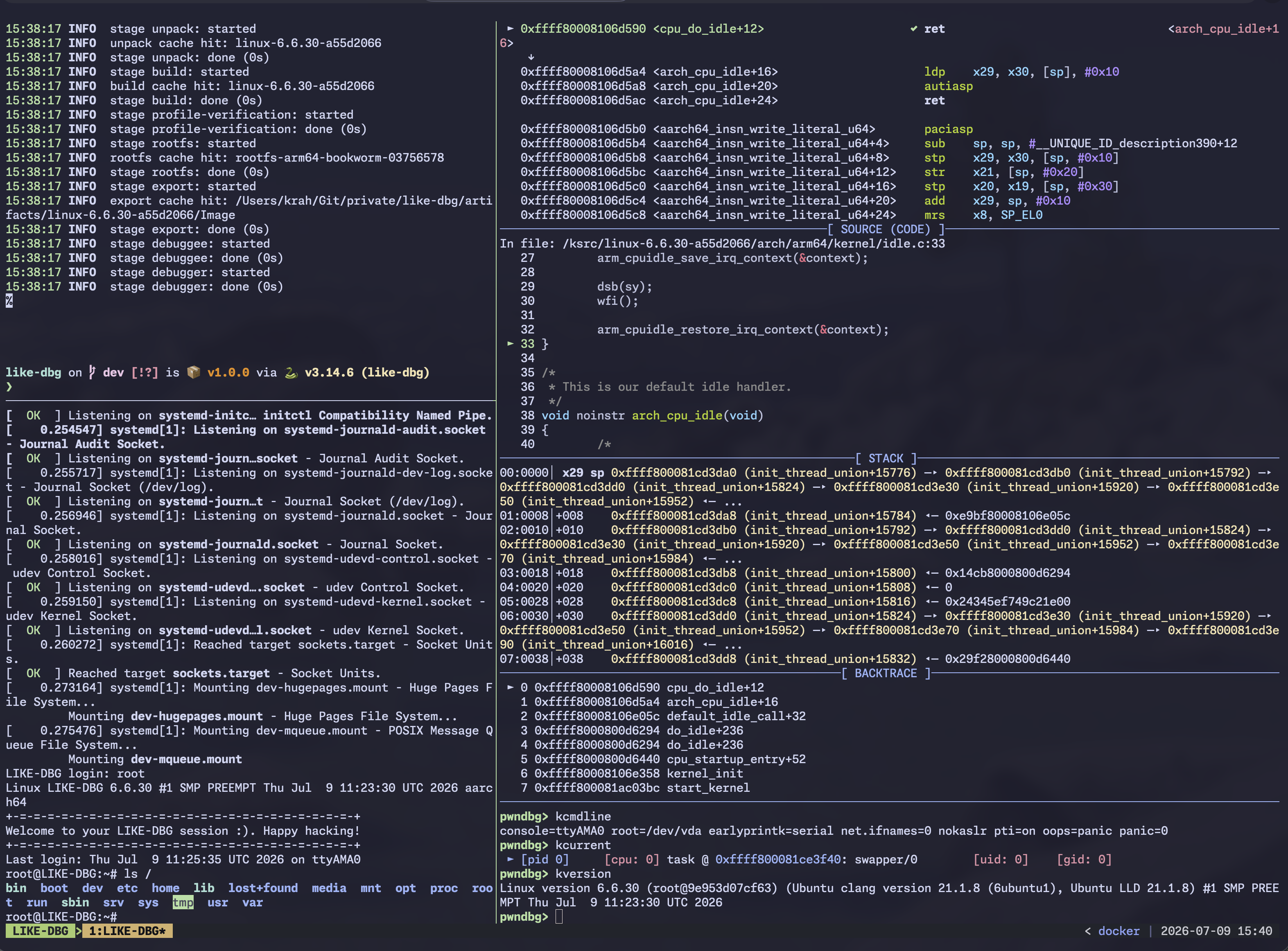 A LIKE-DBG session: disassembly and source view, thread list, and a symbolized backtrace