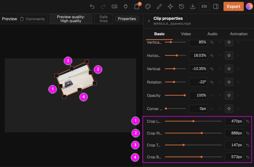 FlexCrop inspector: preview edges 1–4 match Crop Left, Crop Right, Crop Top, and Crop Bottom sliders