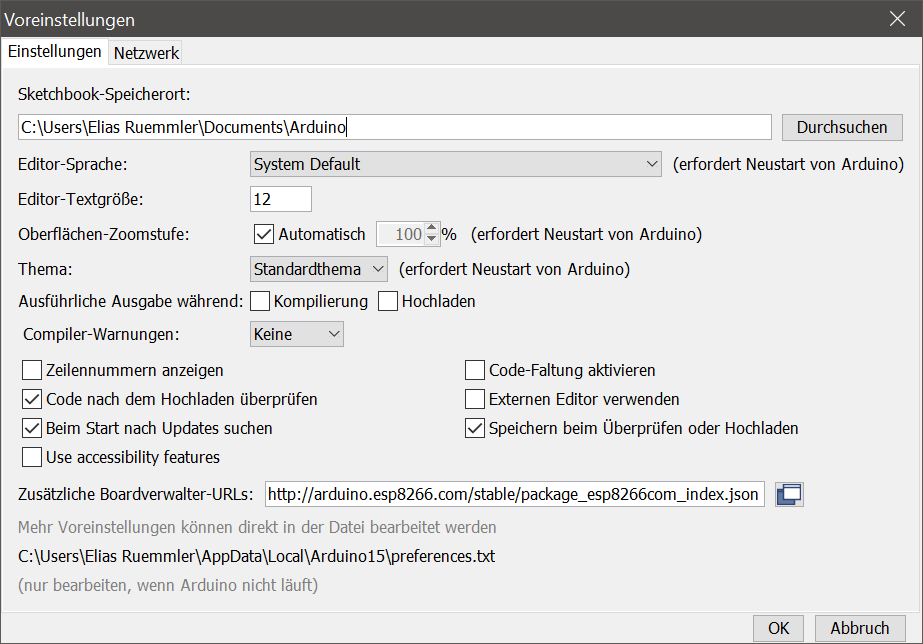 Arduino IDE preferences dialog