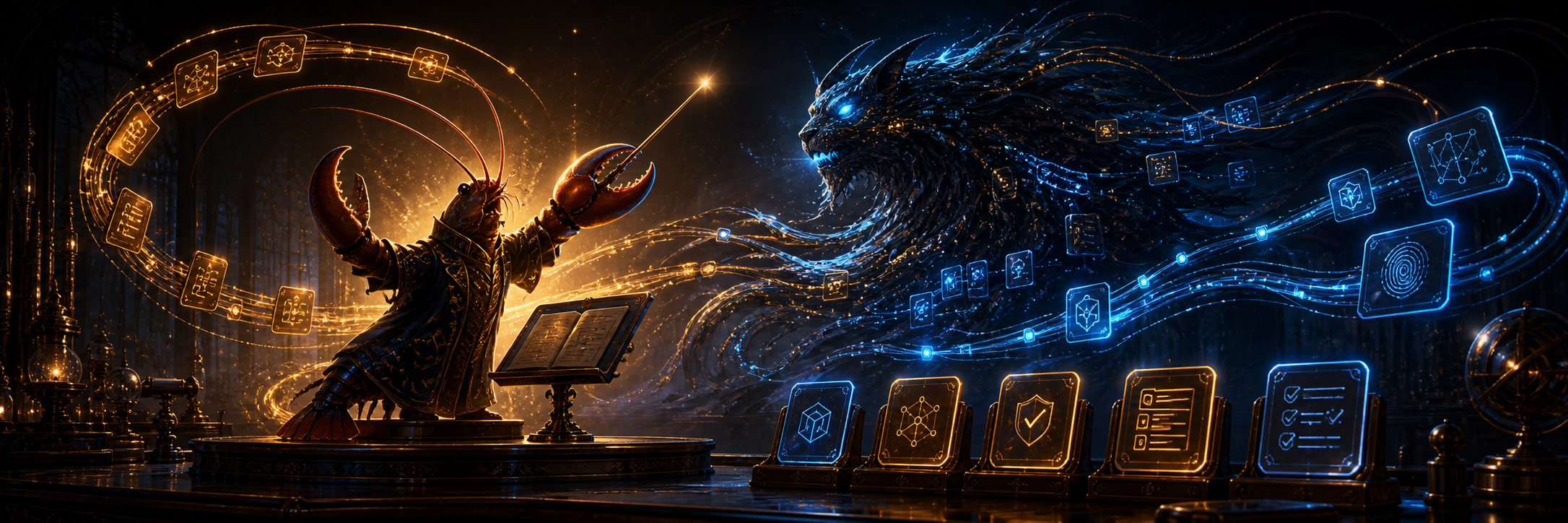 Enchanted open-claw conductor guiding bounded session cards and an abstract code beast in a dark technical workshop