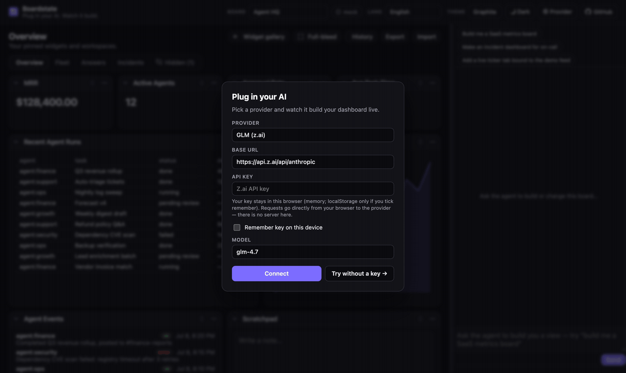 Plug in your AI: pick a provider (or go keyless), ask for a live ticker, and the agent builds a stream-bound board that ticks on its own