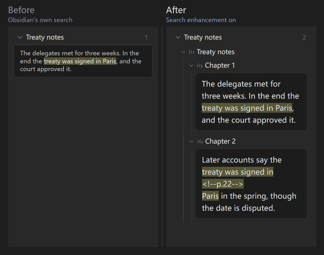 A phrase split by a page marker: 1 match before, 2 after