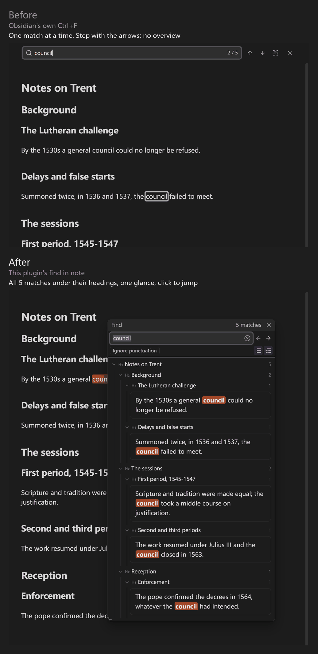 Find in note: one match at a time before, all matches by heading after