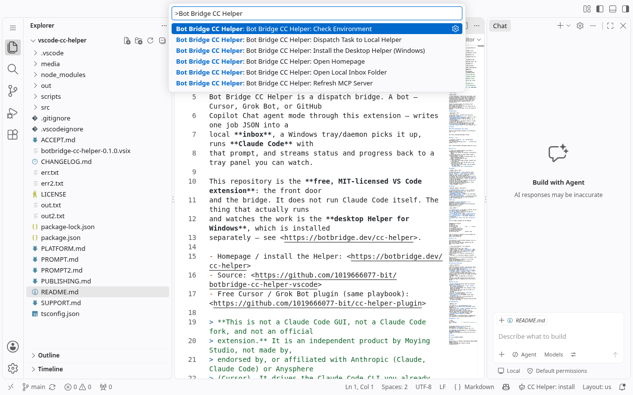 The six Bot Bridge CC Helper commands in the Command Palette