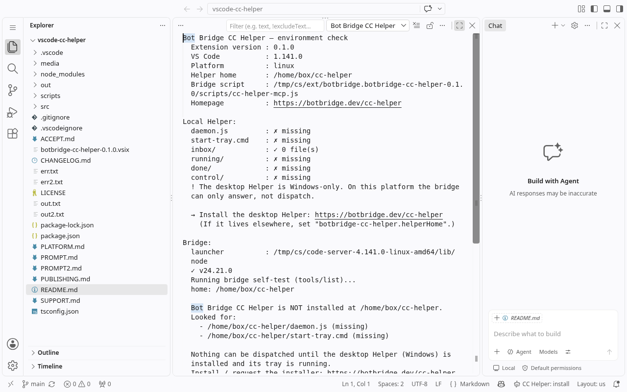 Check Environment reports the Helper folder and runs the bridge self-test