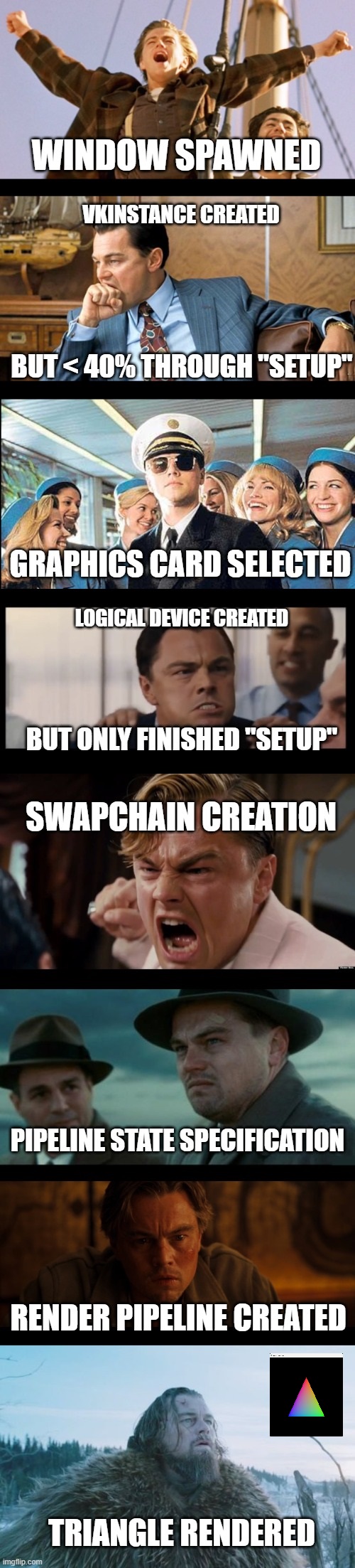 A meme illustrating the painful experience of drawing a triangle with Vulkan. Screenshot