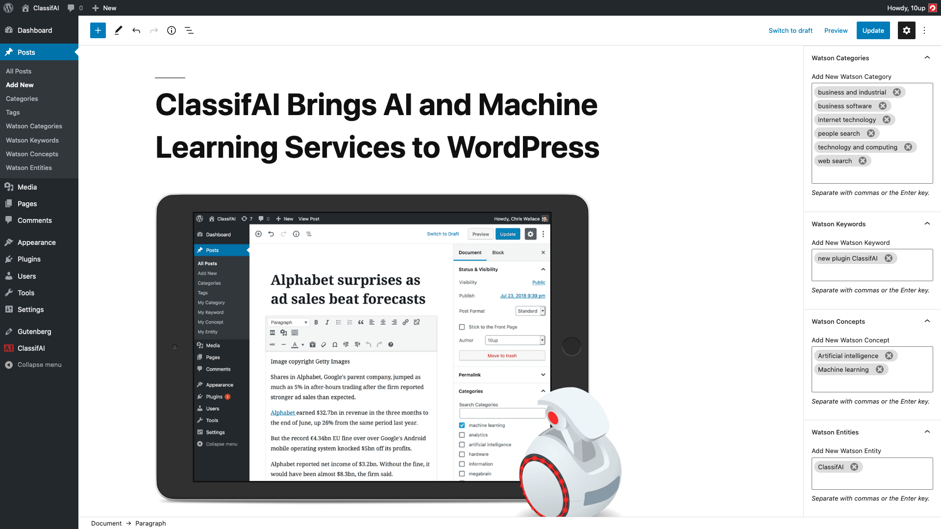 Example of a Block Editor post with Watson Categories, Keywords, Concepts, and Entities. Screenshot of ClassifAI post tagging