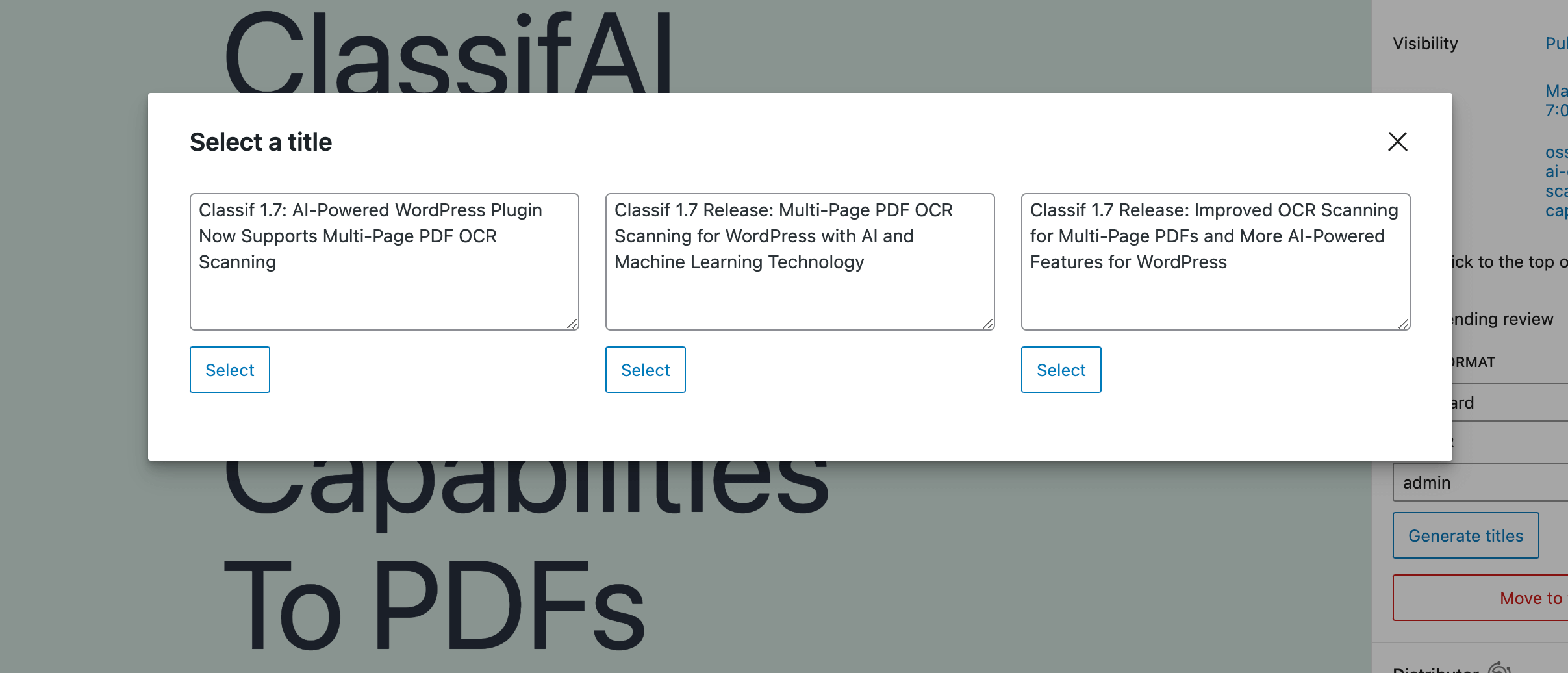 Example of automatic title generation with OpenAI. Screenshot of ClassifAI title generation