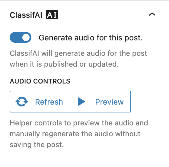 Example of automatic text to speech generation with Azure. Screenshot of ClassifAI text to speech generation