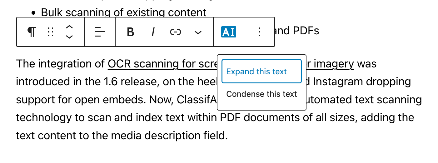 Example of expanding or condensing text with OpenAI. Screenshot of ClassifAI expand/condense text feature