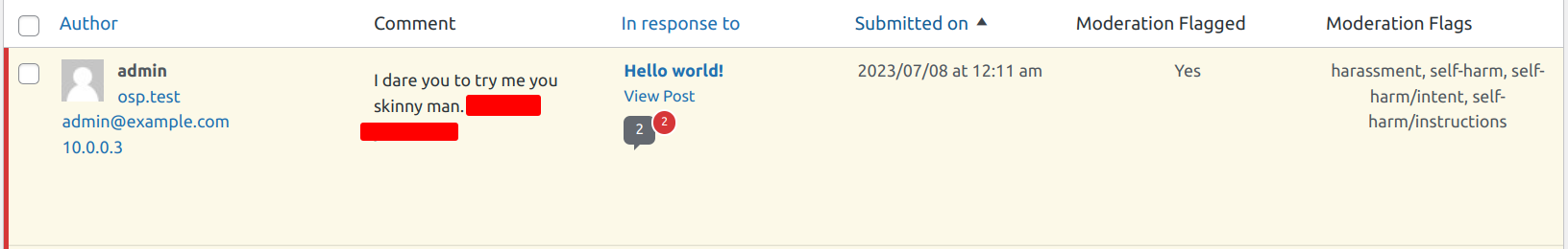 Example of automatic comment moderation with OpenAI. Screenshot of ClassifAI comment moderation