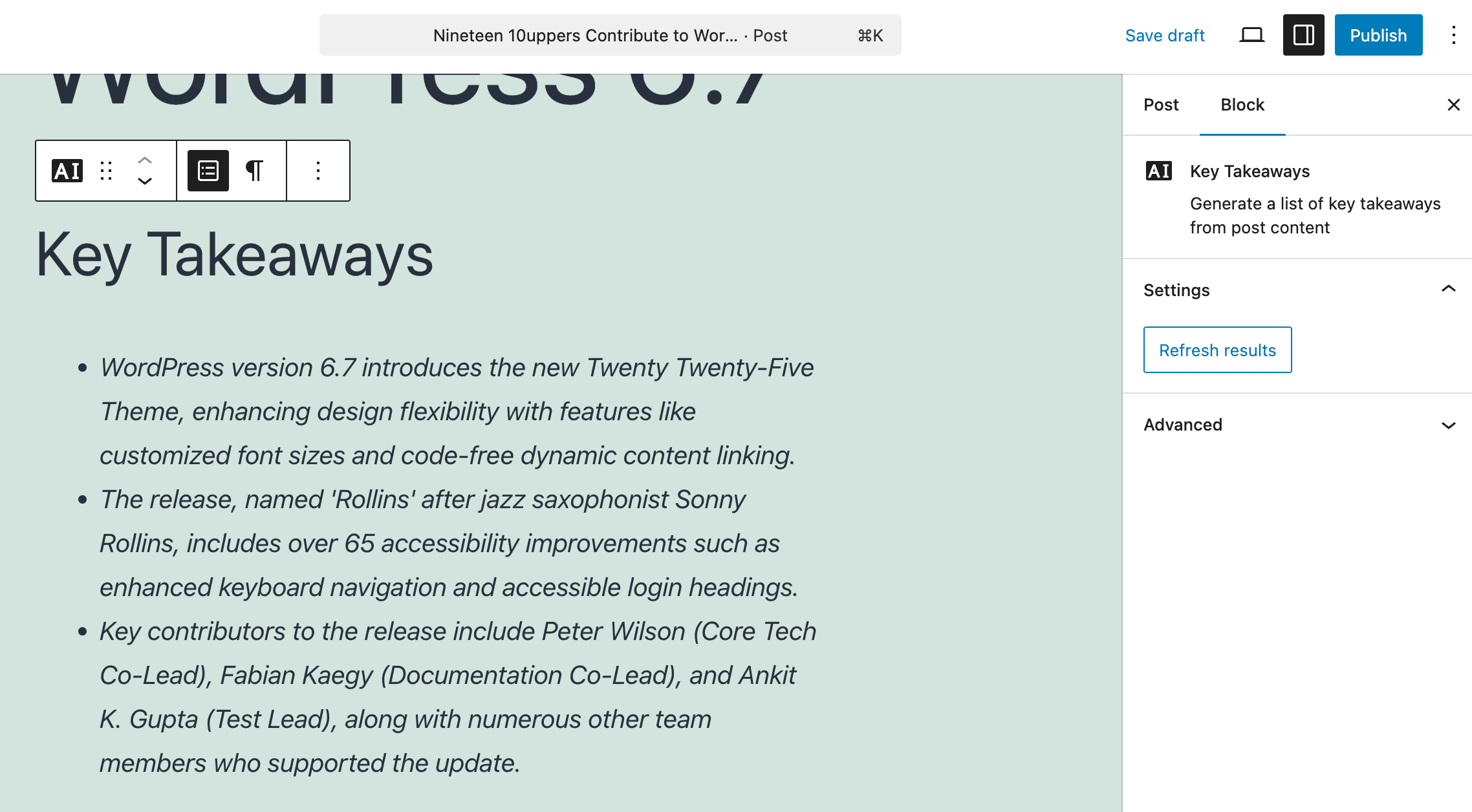Example of generating key takeaways using OpenAI. Screenshot of the ClassifAI Key Takeaways block