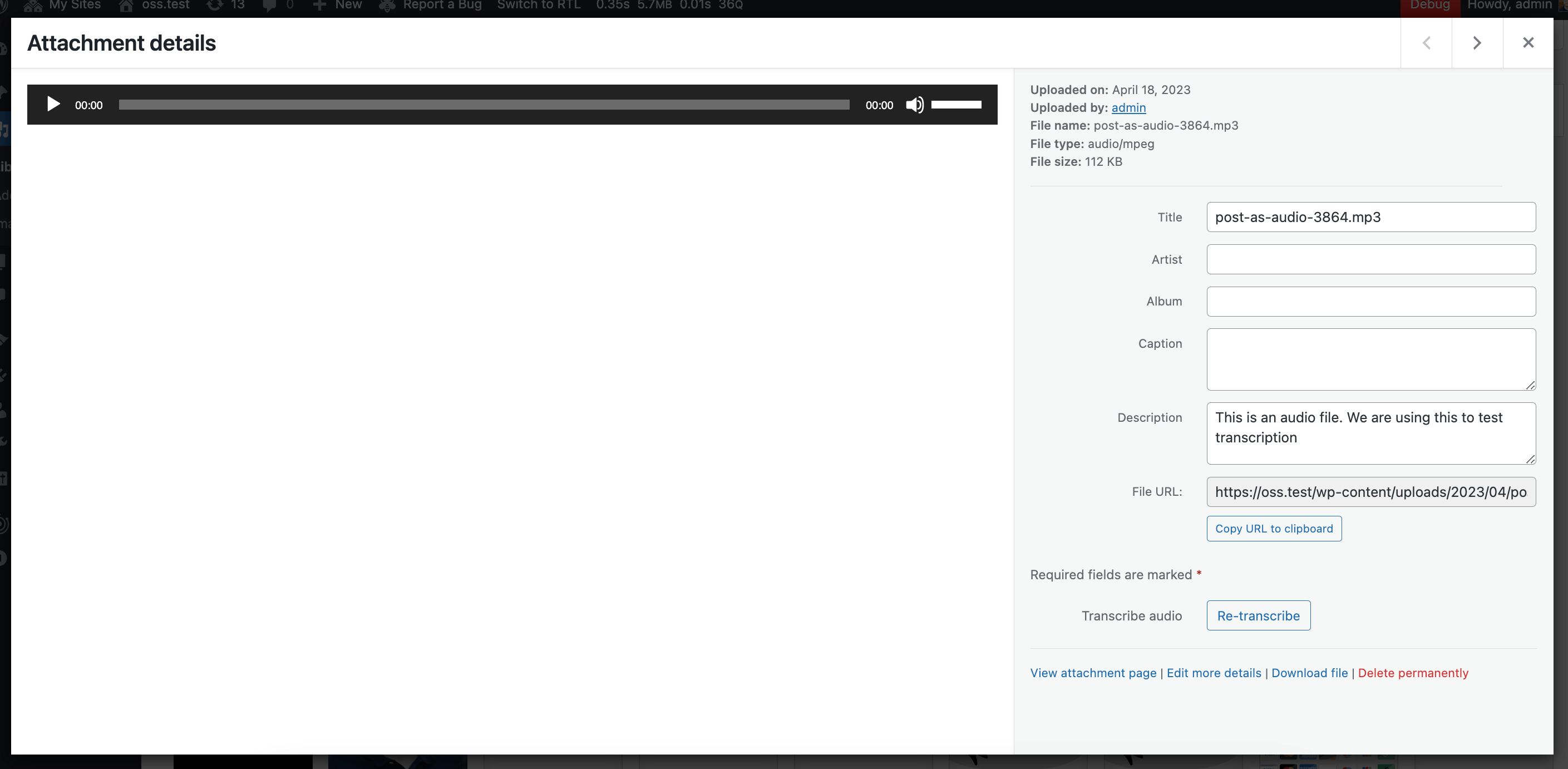 Example of automatic audio transcript generation with OpenAI. Screenshot of ClassifAI audio transcript generation