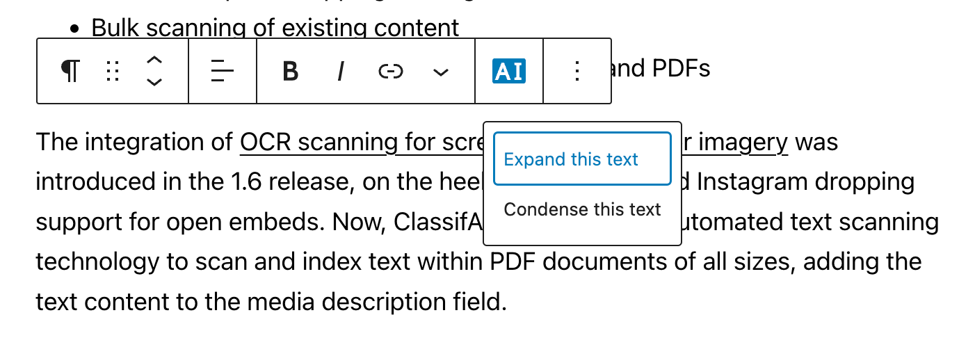Screenshot of ClassifAI expand/condense text feature