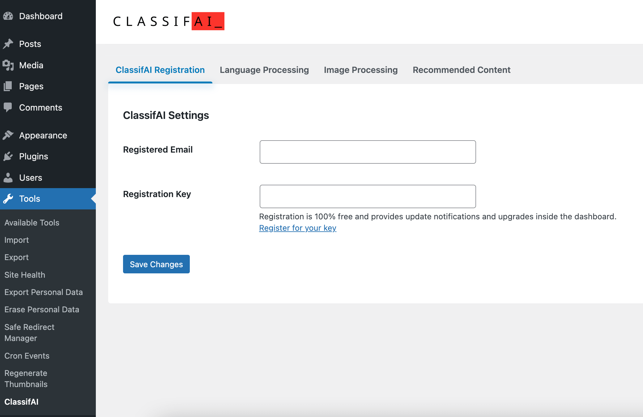 Screenshot of registration settings