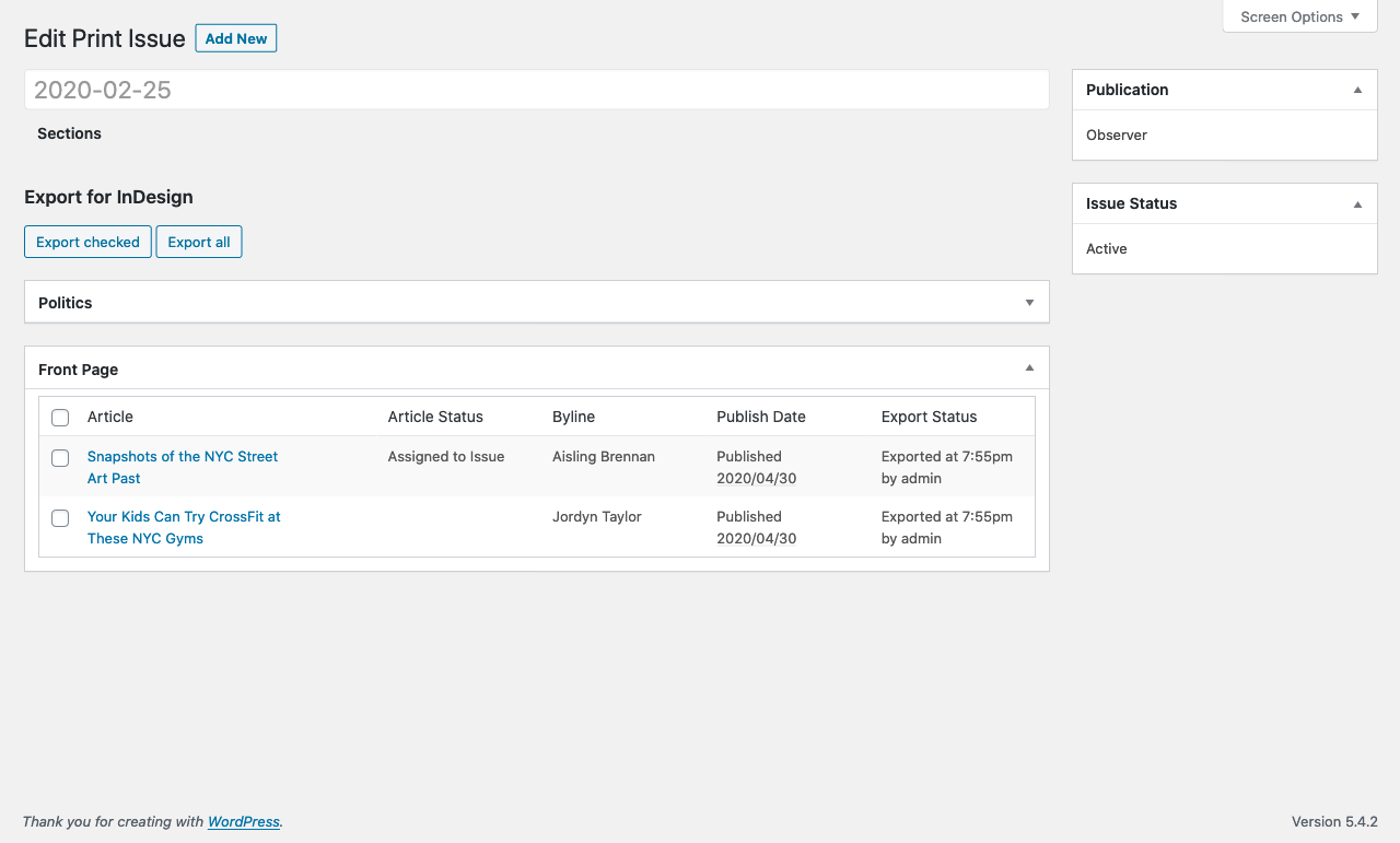 A Print Issue in "read only view". This view allows anyone with access to view a Print Issue without inducing a post lock, or being locked out by another editor. Note that the Export tools are still available in read only view.