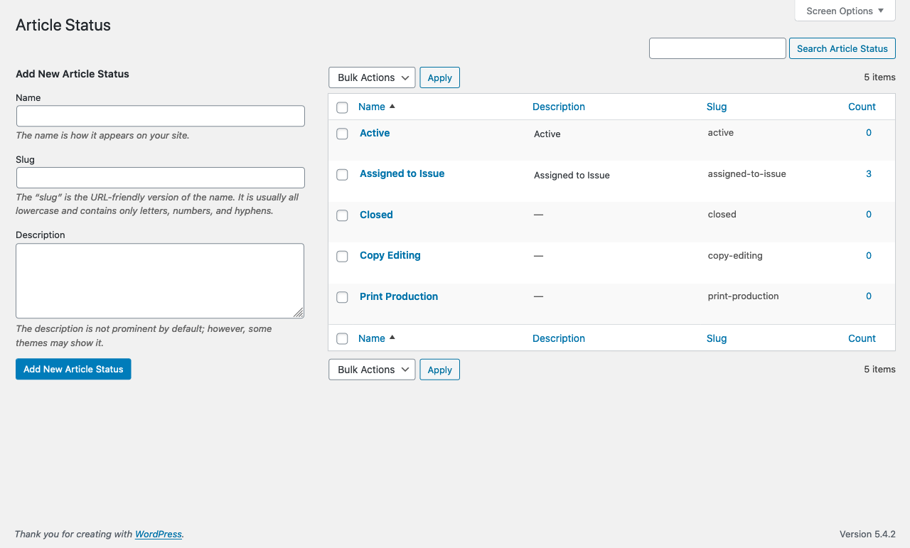 Editing of Article Statuses