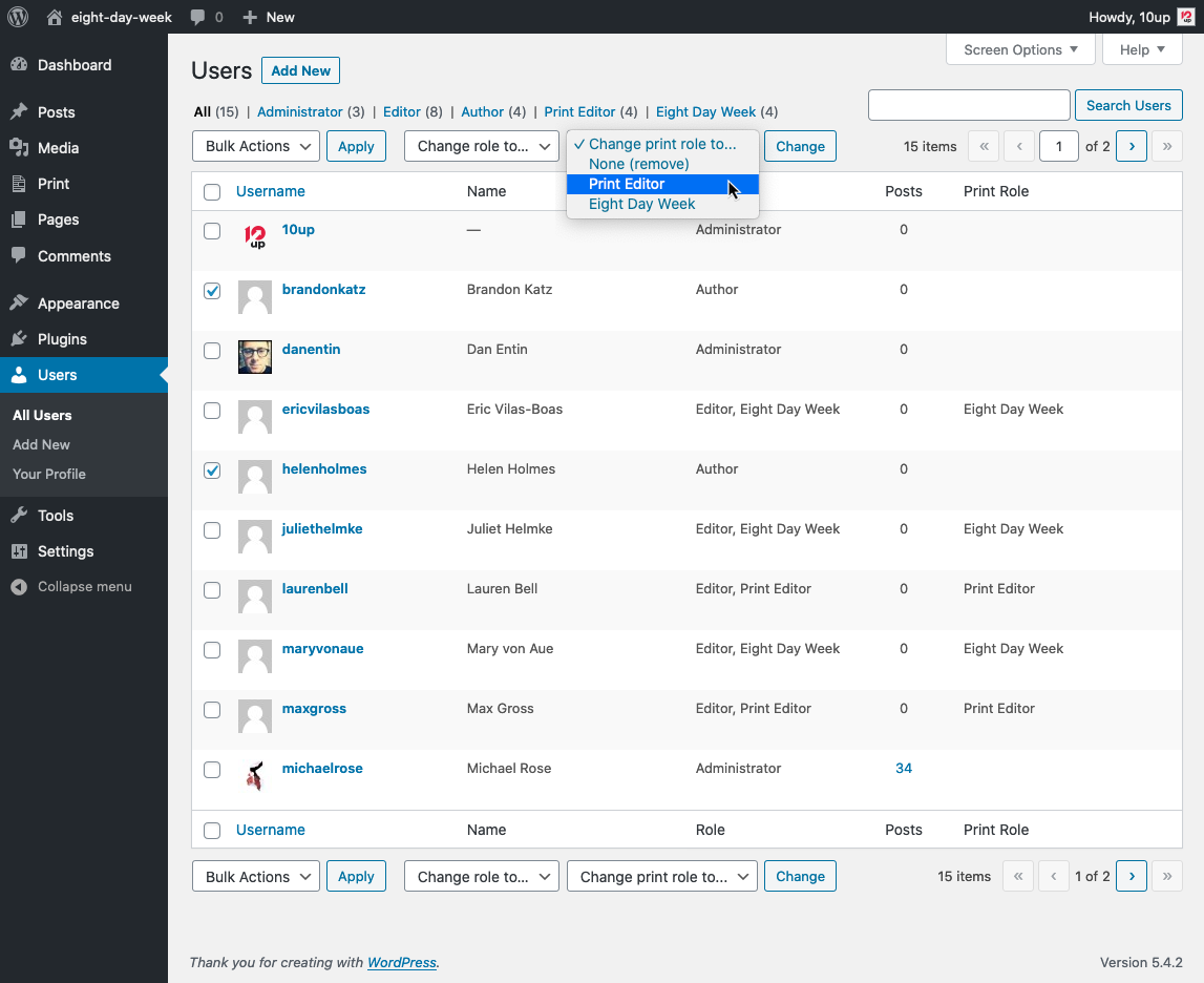 The Users list table, showing the "Change print role to..." dropdown and "Print Role" column.