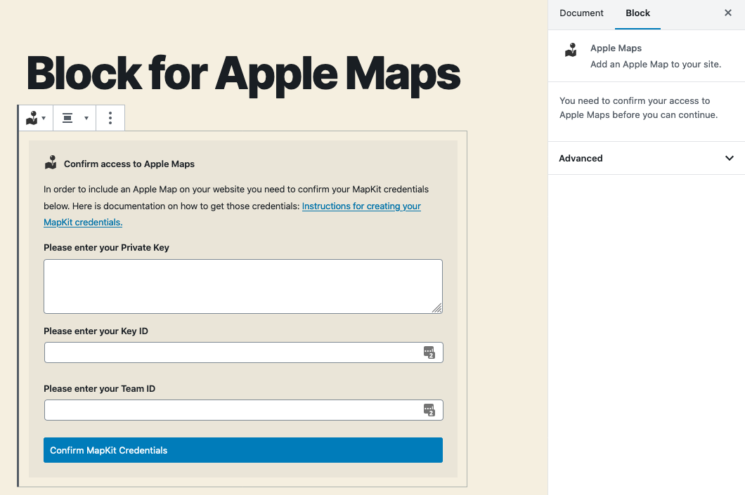 Block initial install view showing MapKit JS credential fields