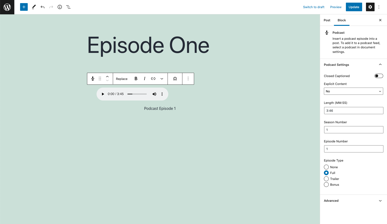 Screenshot of podcast block