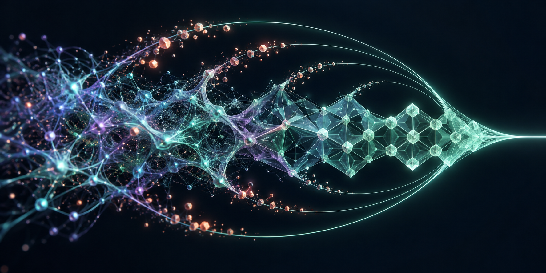 Abstract ResiMind artwork: organic neural connections intertwine with precise geometric lattices; returning paths and diminishing fragments evoke residual-guided reasoning.