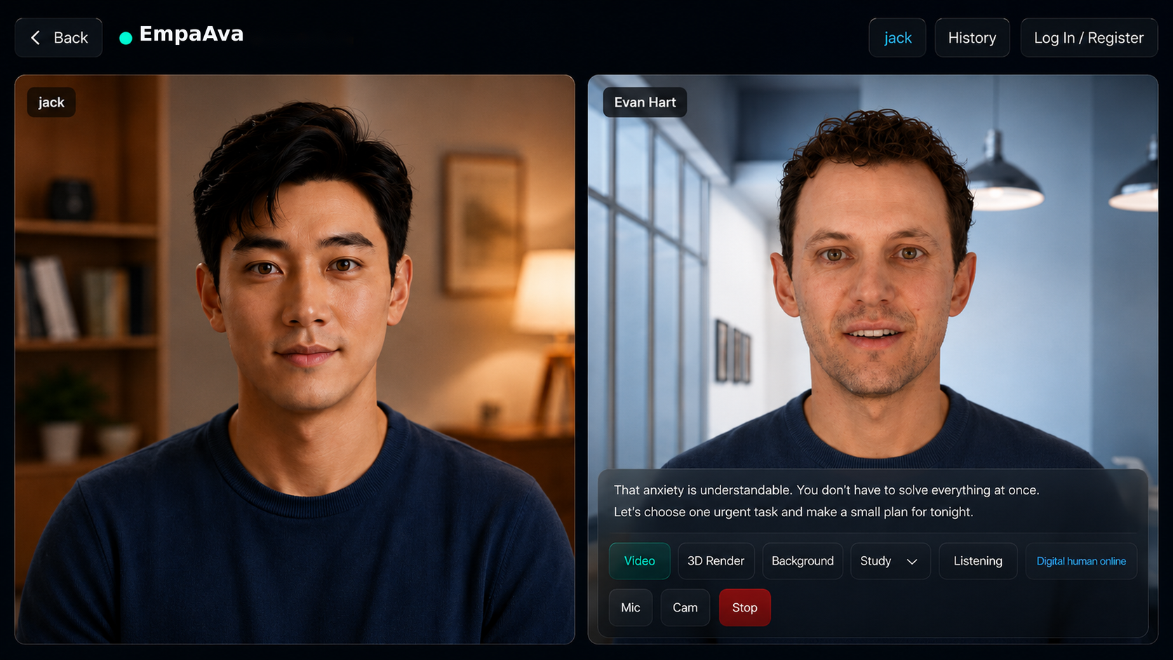 EmpaAva video-call interface with a user and an empathetic 3D digital human