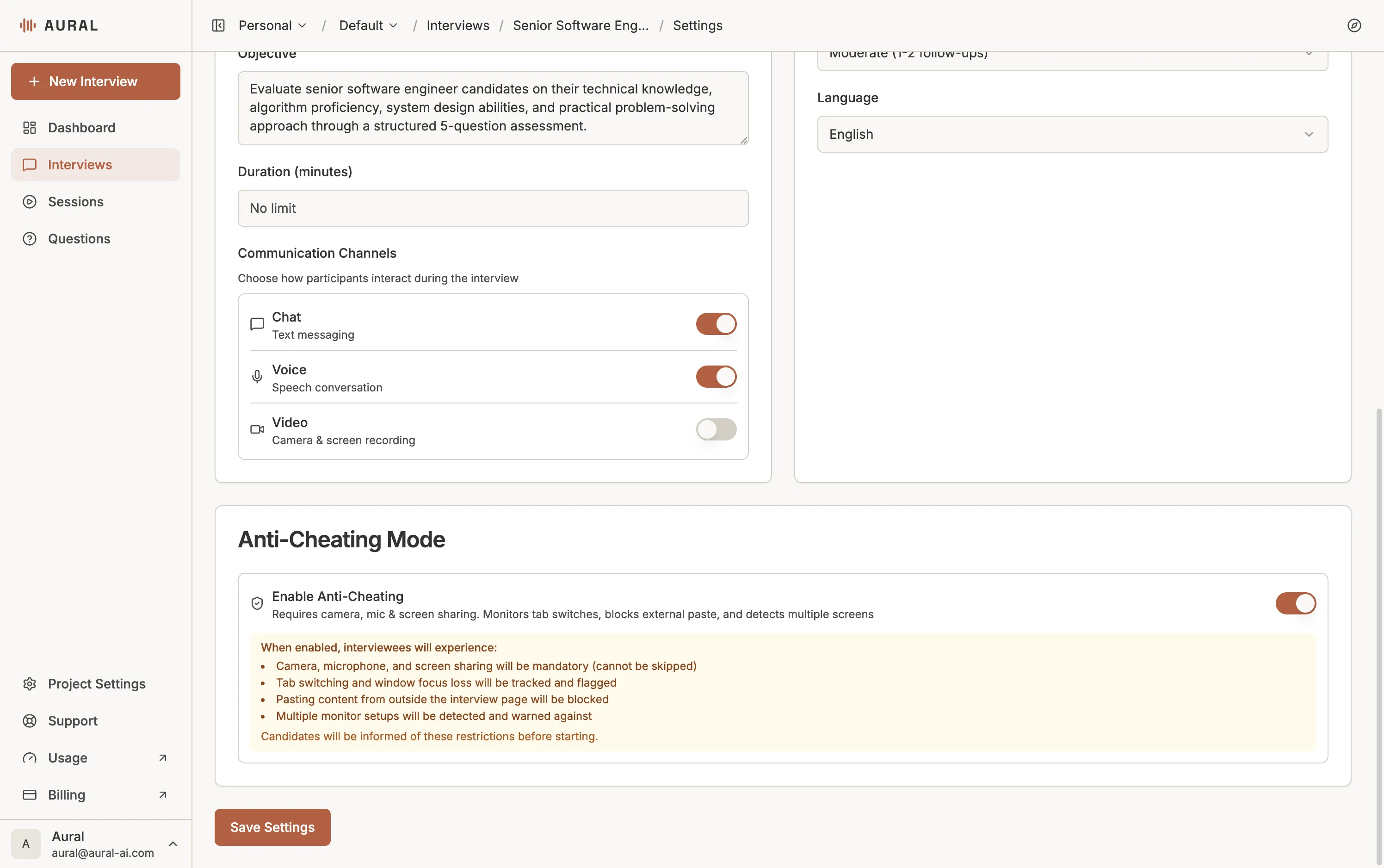 Anti-cheating settings — enable toggle with detailed restriction list