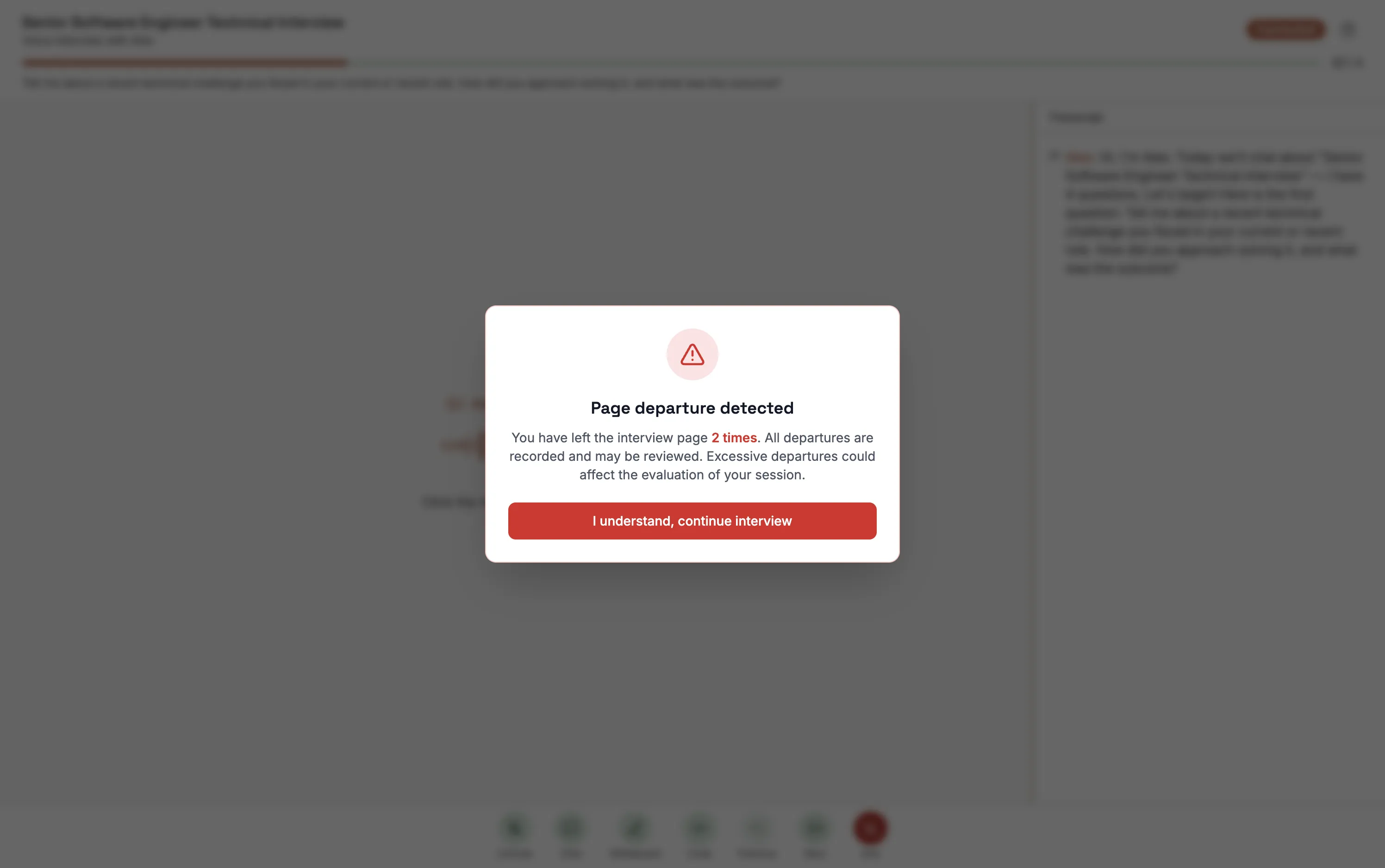 Page departure detected warning during interview session