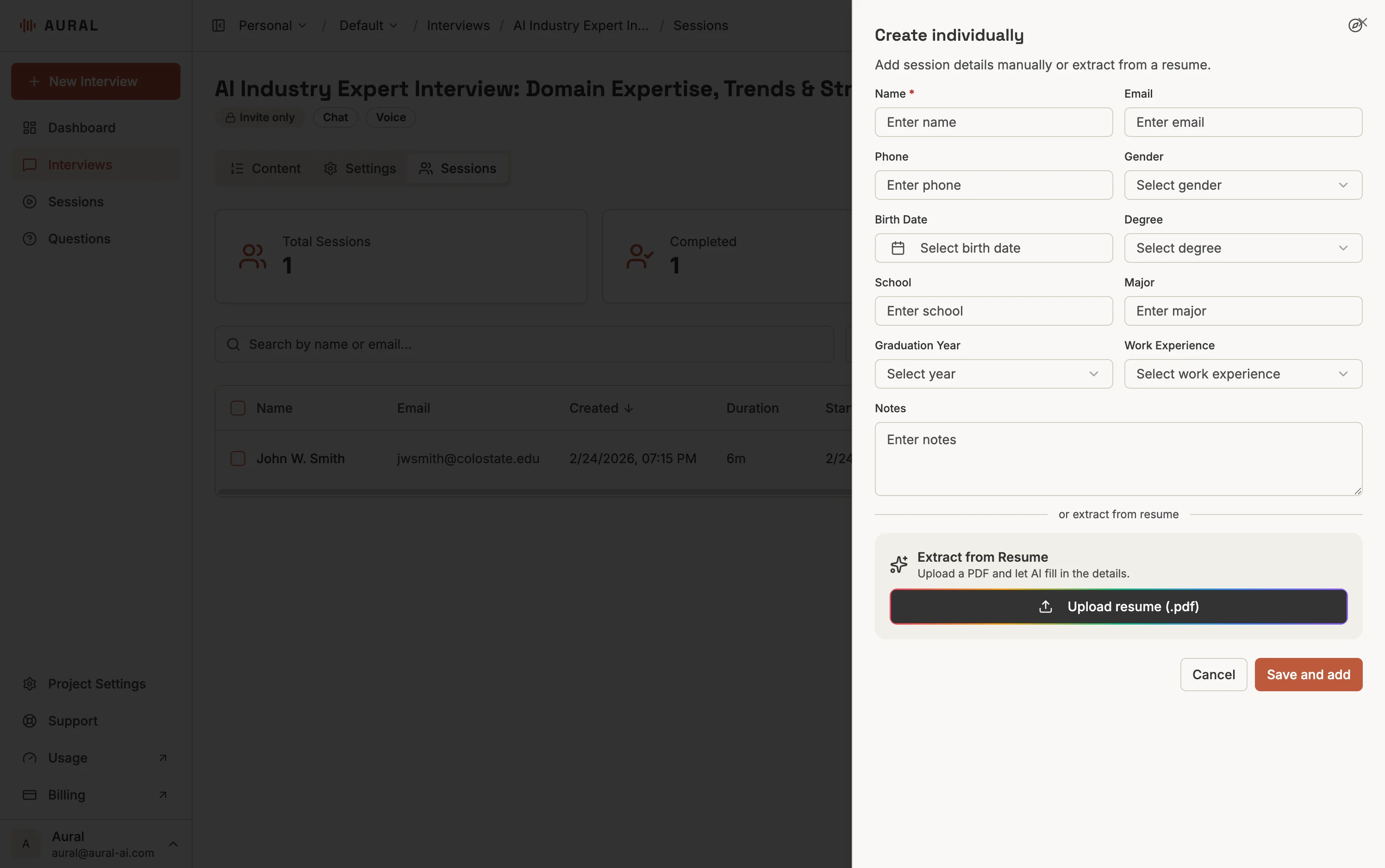 Create candidate form with name, email, education, and resume upload