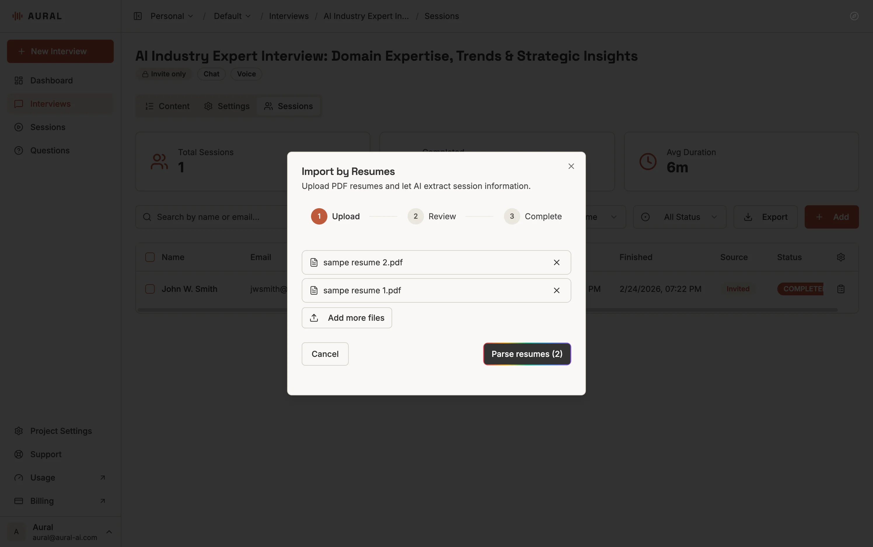 Import by Resumes dialog — upload PDFs and parse with AI