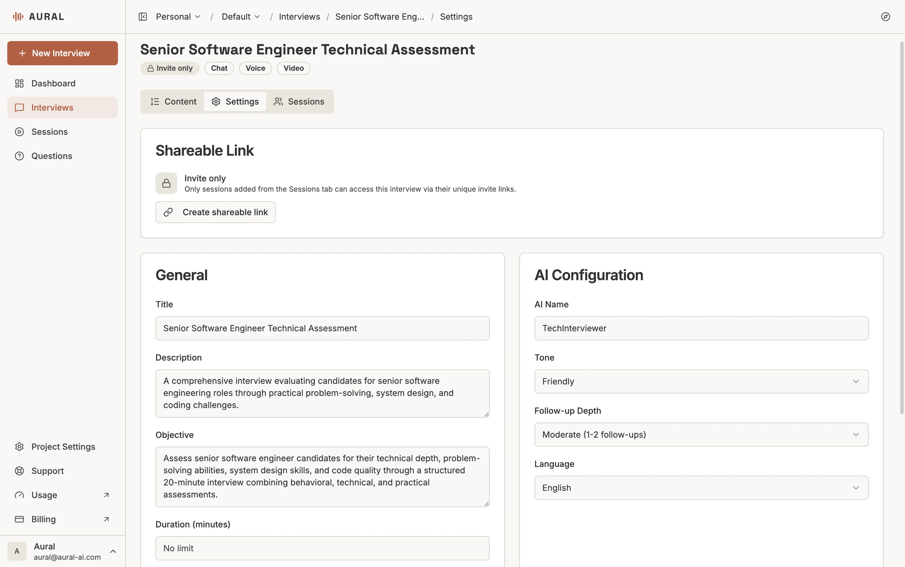 Interview settings — shareable link, general settings, and AI configuration