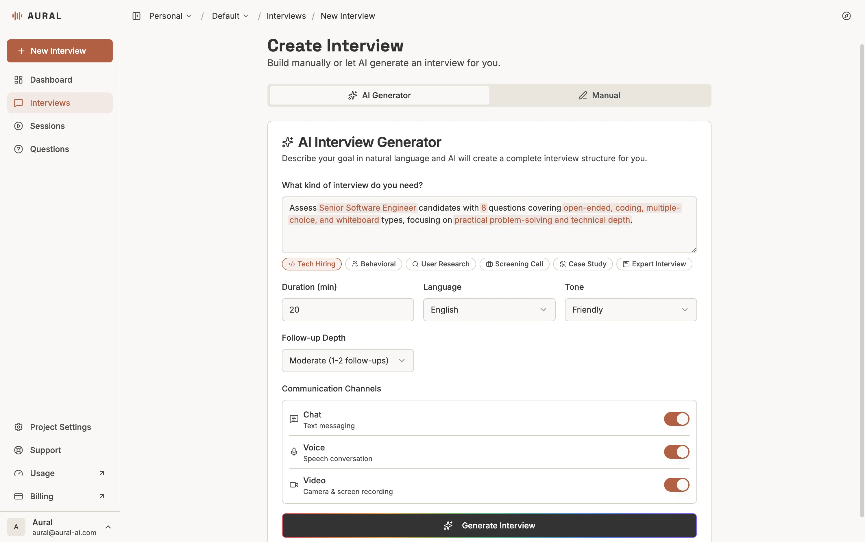 AI Generator — describe your goals and generate a full interview