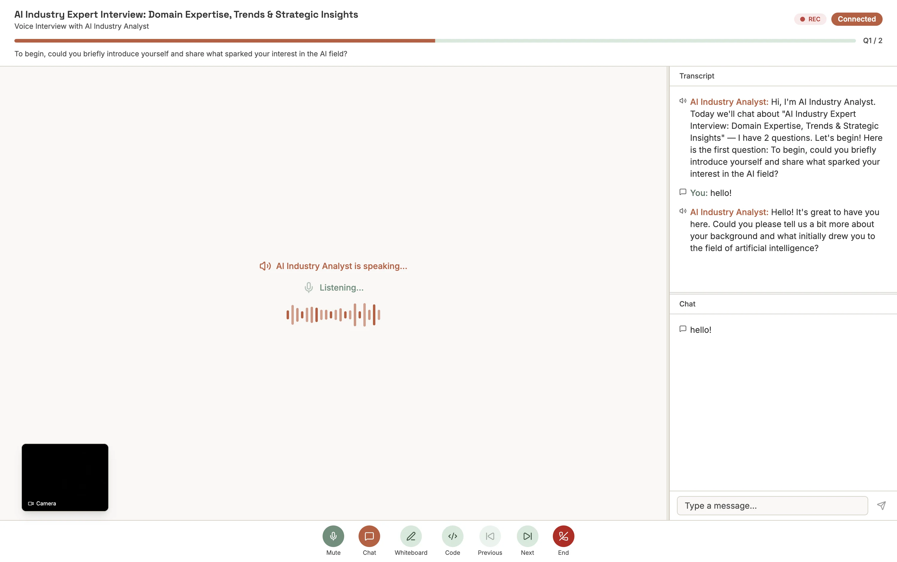 Live interview session — voice, chat, and video with real-time transcript