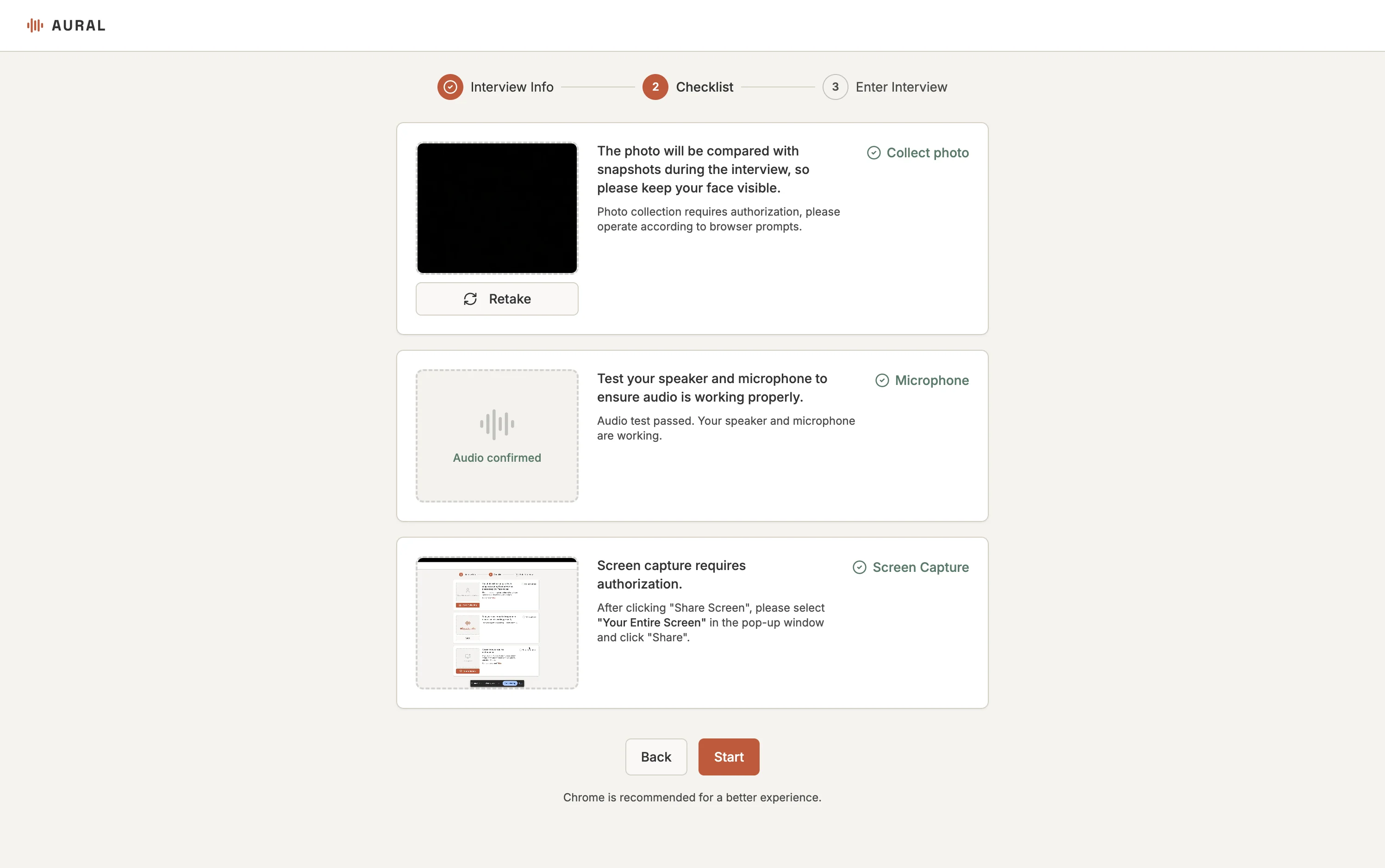 Pre-interview checklist — photo capture, audio test, and screen sharing authorization