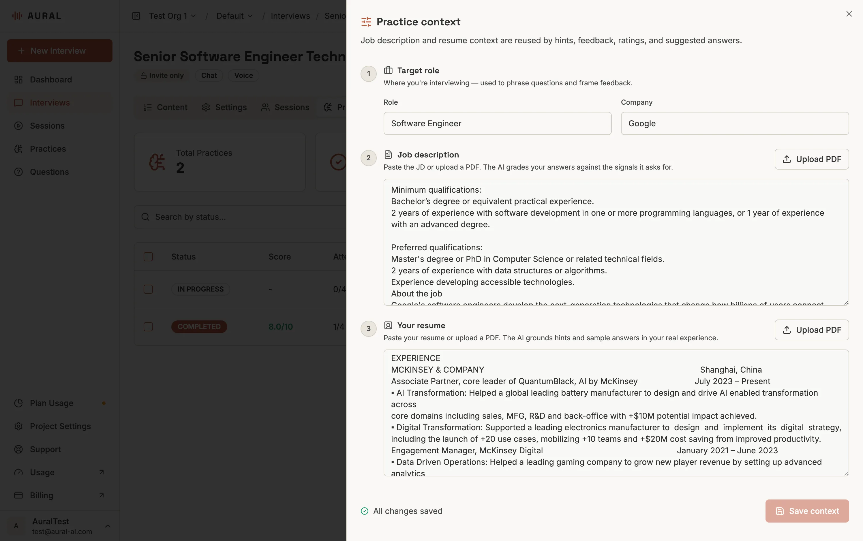 Practice context drawer with company, role, job description, and resume notes