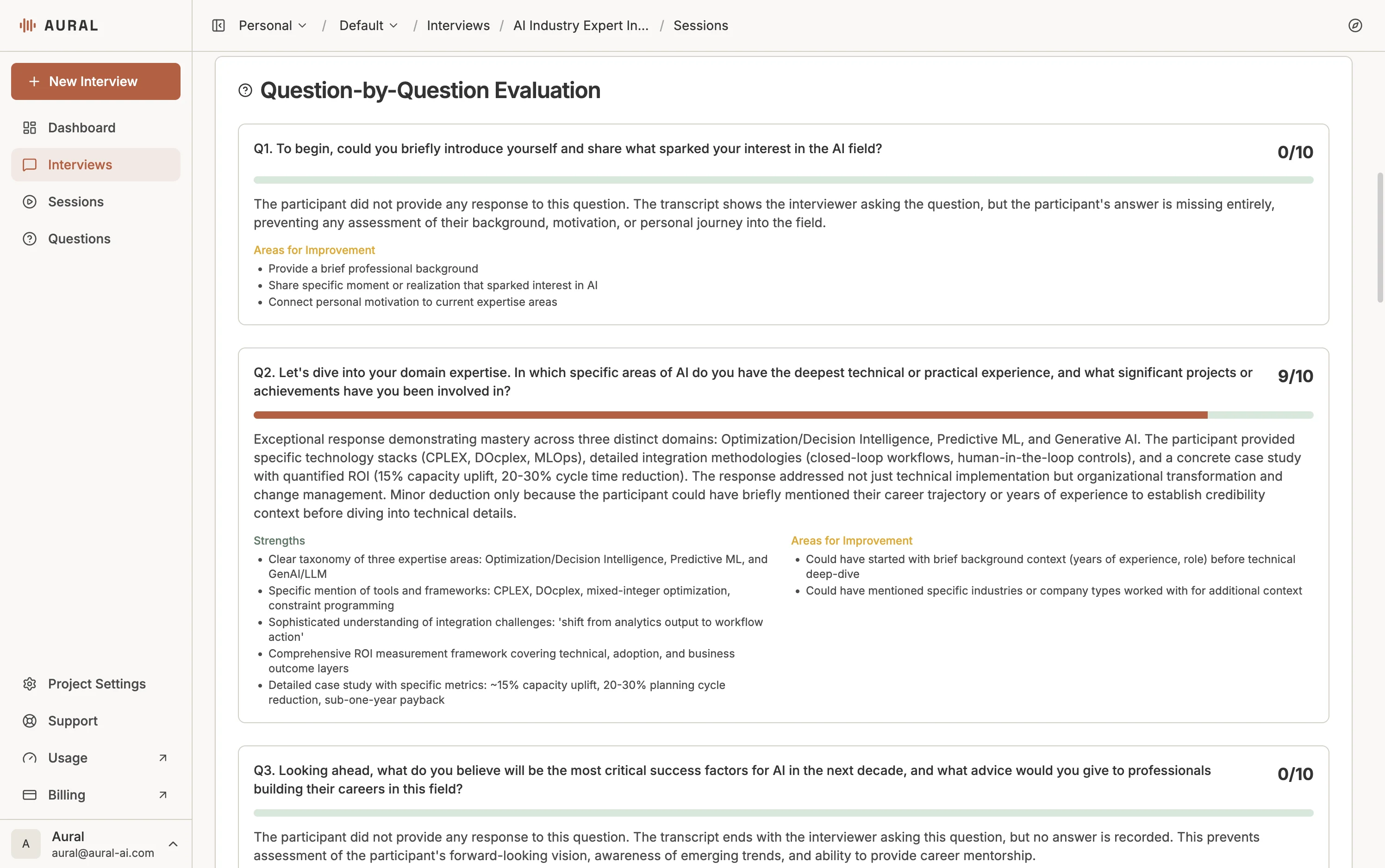 Per-question evaluation with scores, strengths, and improvement areas