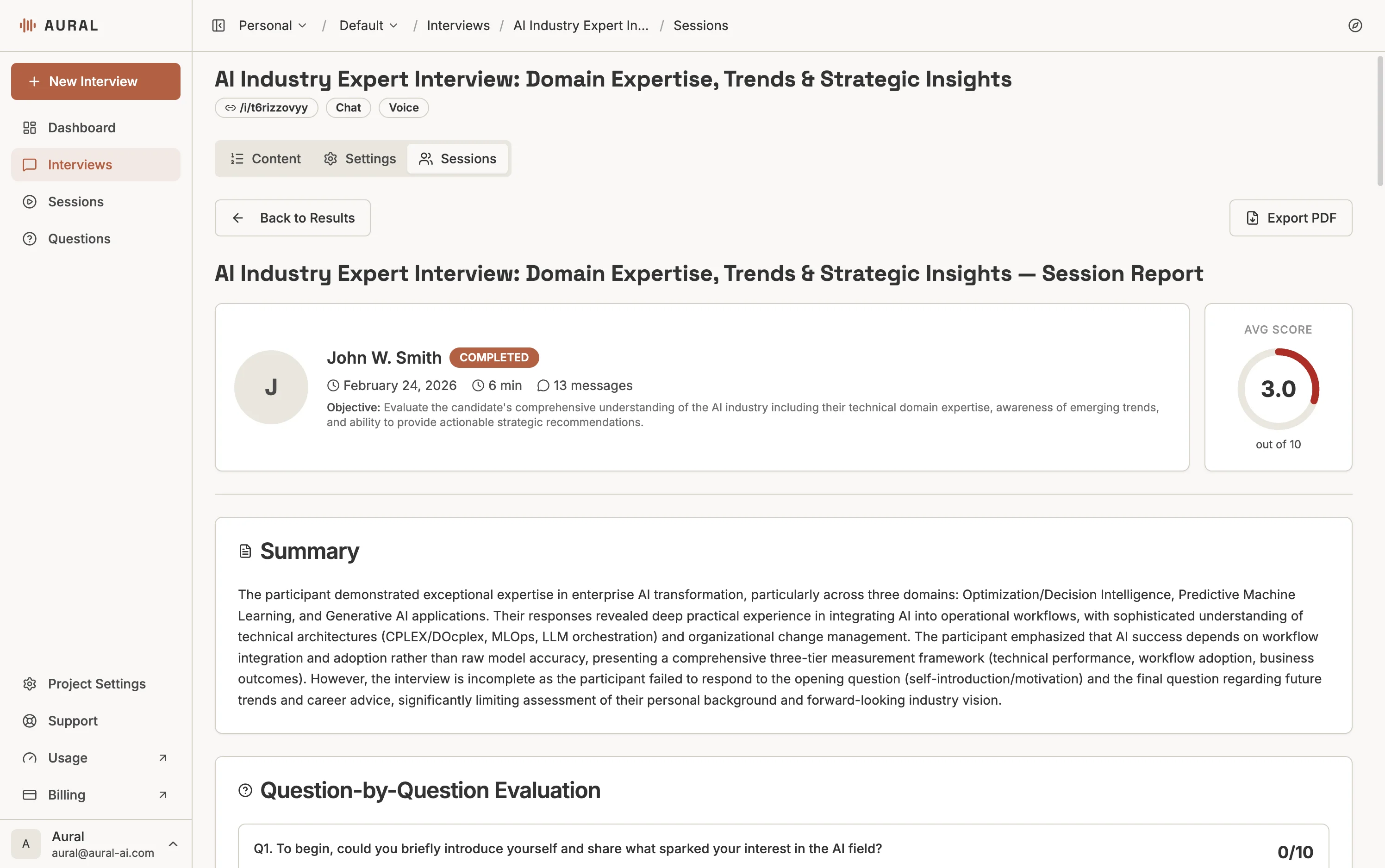 Session report with candidate info, scores, and AI summary