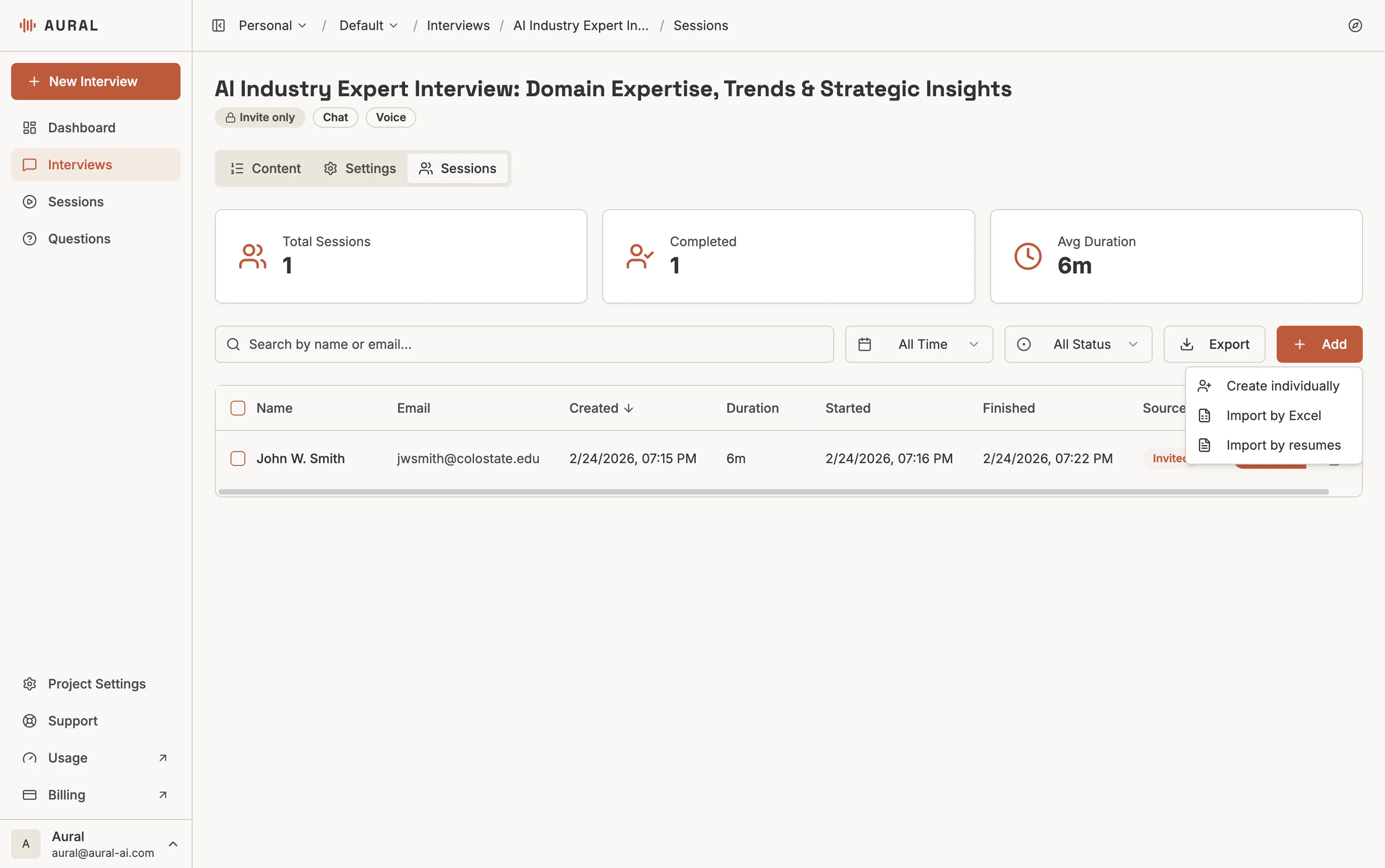 Sessions tab with Add dropdown — create individually, import by Excel, import by resumes