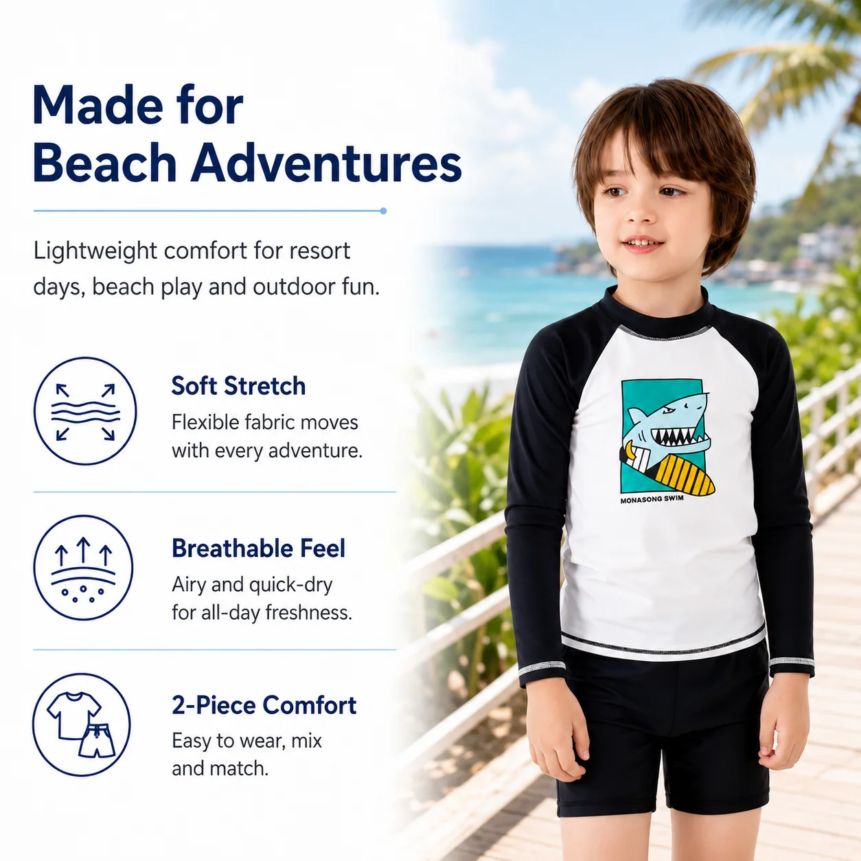 MOMASONG boys shark print UPF 50+ rash guard set in Coral Reef design