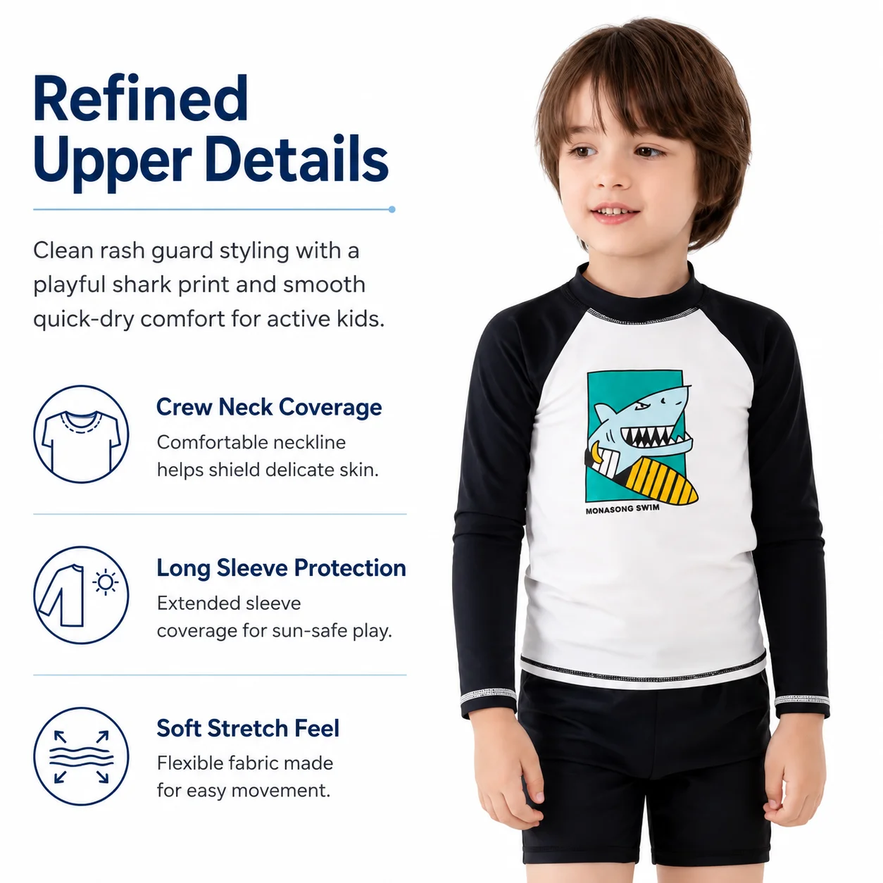 Detail view of the MOMASONG Coral Reef shark print children's rash guard set