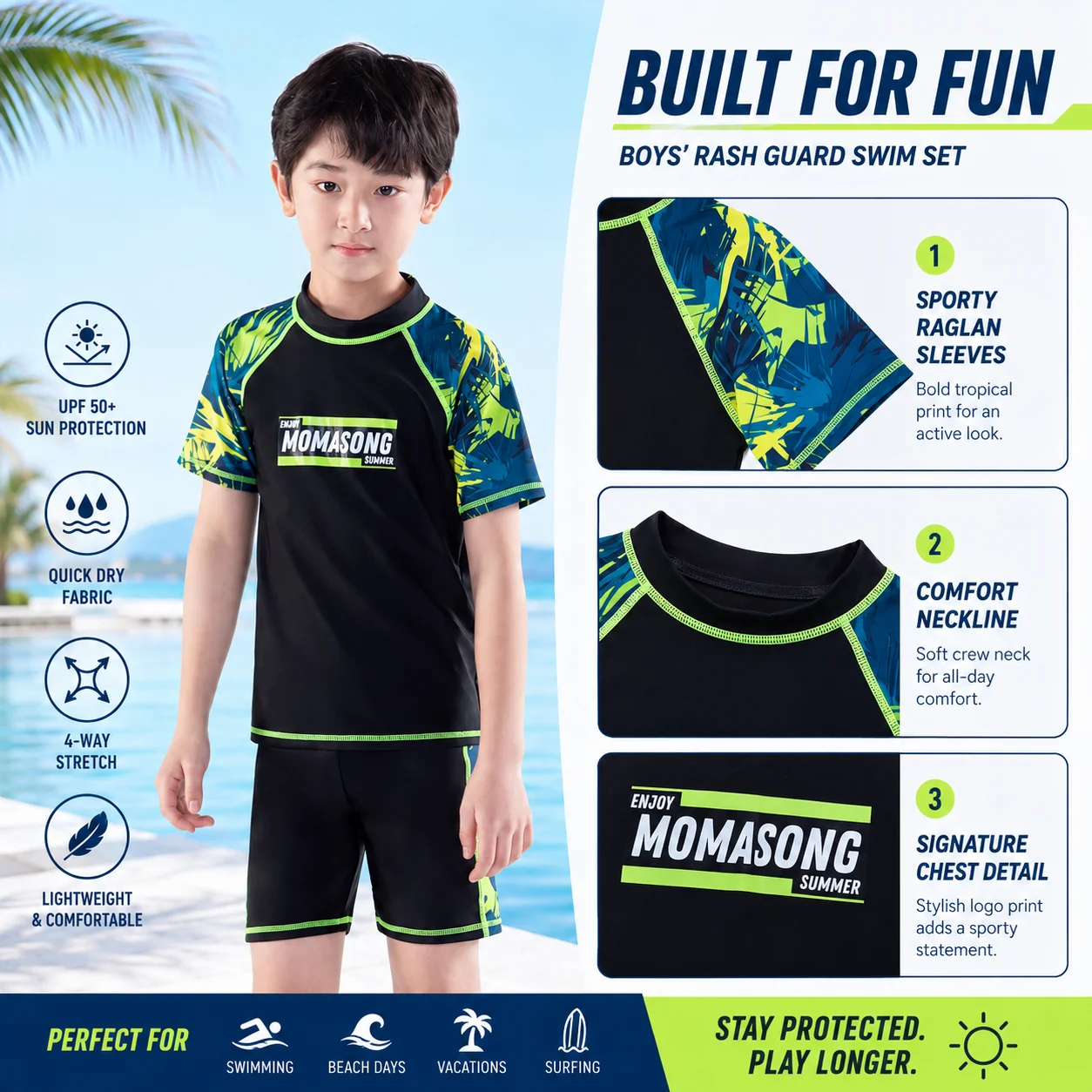 A MOMASONG children’s beachwear set shown for a family beach-day checklist