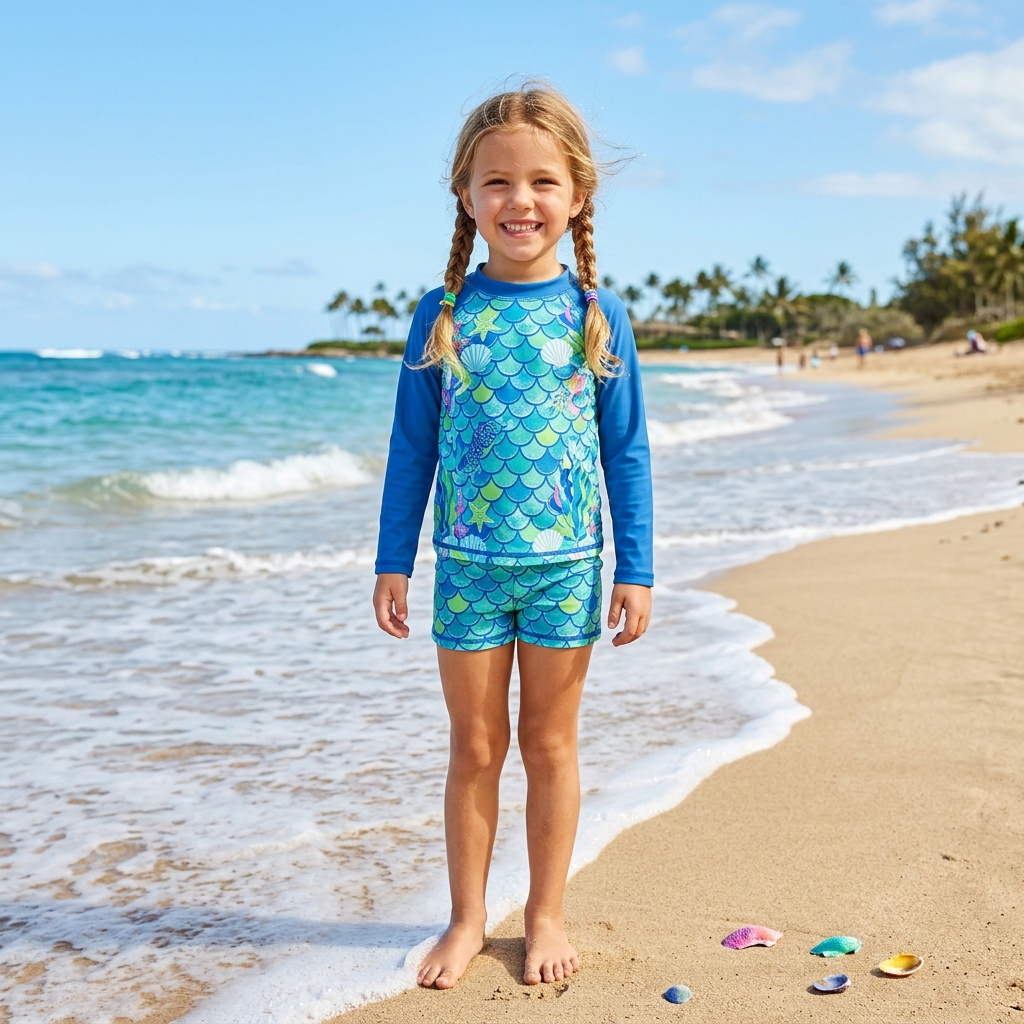 Girls' mermaid-print swimwear shown in MOMASONG's collection banner